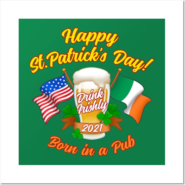 Shamrocks Beer Mug St. Patrick's Day Irish And American USA Flags Wall Art by Scud"